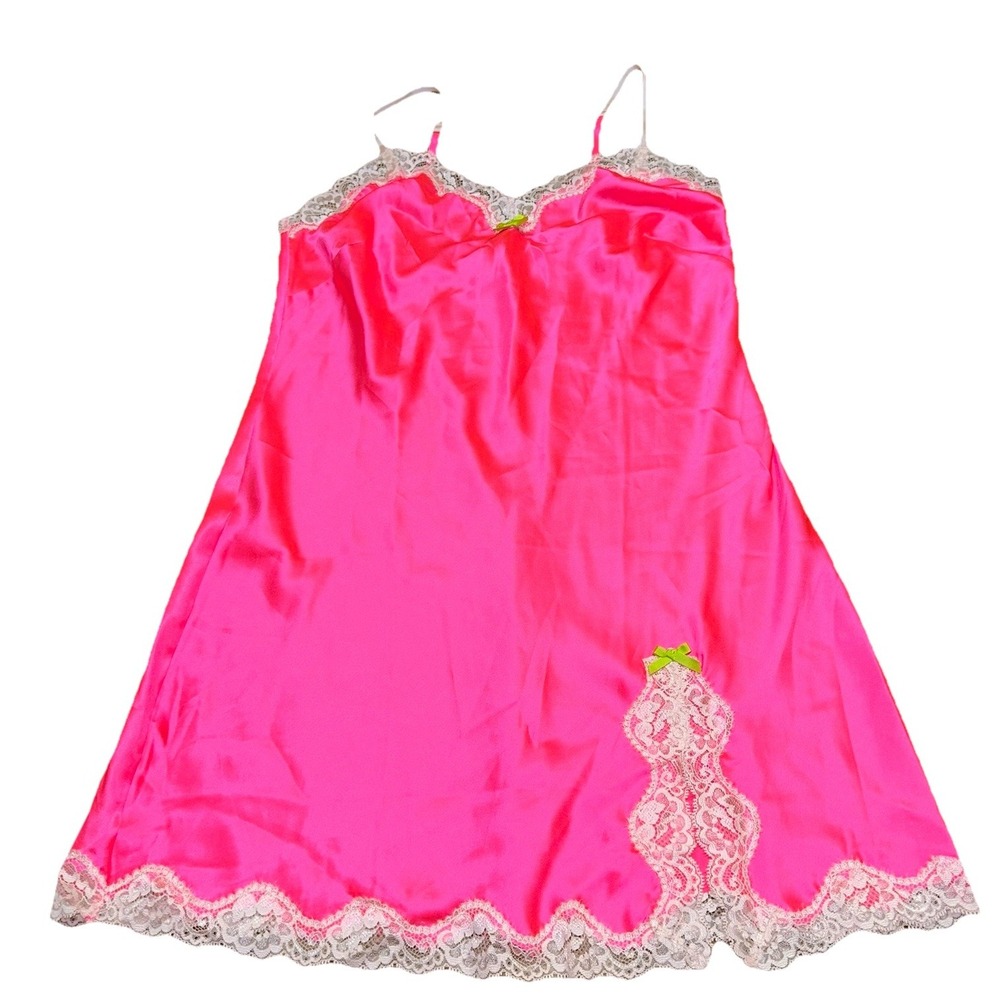 NWT Vtg Y2K 2000 Victoria's Secret Hot Pink Satin Lace Lingerie Babydoll Women S - Picture 2 of 7